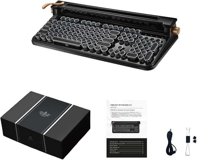 FINEDAY Keyboard 2.0 Plus, 2.4G Wireless & Bluetooth, 104 Keys, Blue Switch, 5000mAh, Retro Mechanical Keyboard for PC/Mac/Phone (English Keycaps)