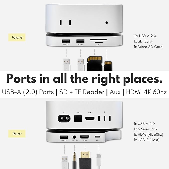 Macally Mac mini M4 Dock and Stand, Mac mini M4 Hub with M.2 NVMe Enclosure, 4K HDMI 60hz, 3 USB A,10Gbps USB C Data Port, SD Card Reader, 3.5mm Audio Jack