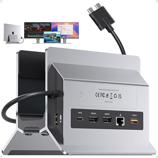 MacBook Docking Station Dual Monitor, Vertical Mac Laptop Docking Station Dock Stand with 2 HDMI 4K@60Hz, USB A/C 10Gbps, PD, Ethernet, USB 2.0, SD/TF, Compatible with MacBook Pro Air M3 M4 M5