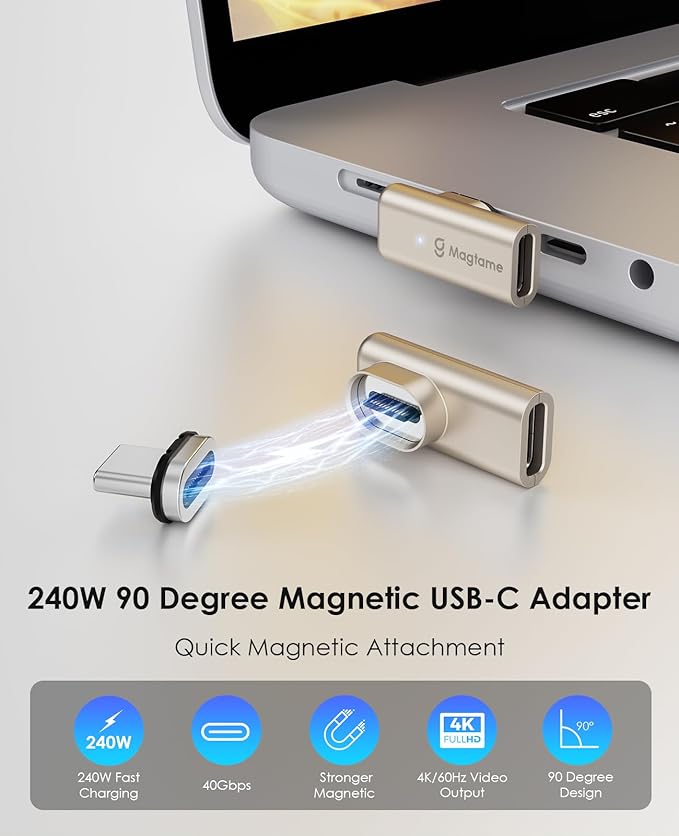 Magtame 240W Magnetic USB C Male to USB C Female Adapter 90 Degree Right Angle, 24Pin Type C Adapter Extender, 40Gbps 4K Video for USB 4 Cable Steam Deck, ROG Ally, Switch, PC, Tablet, iPhone 15