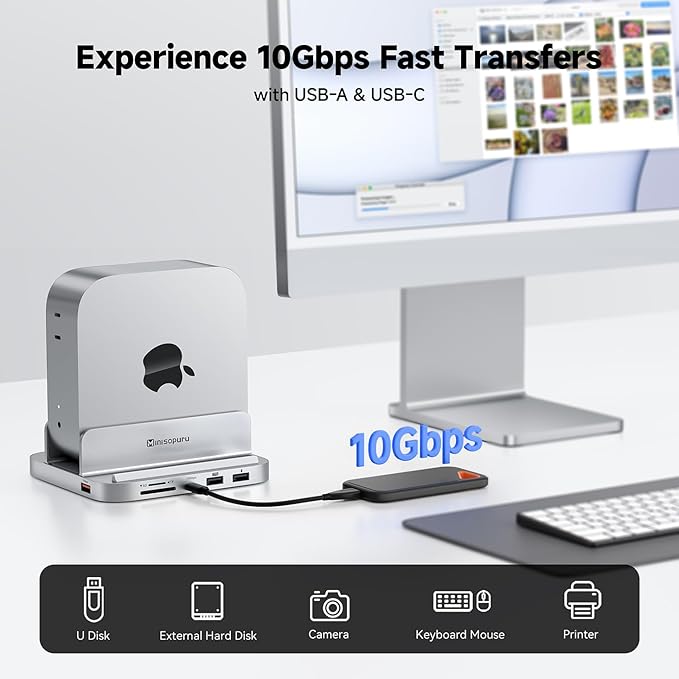 Minisopuru MINI218B PRO Mac mini M4 Dock with 8TB M.2 NVMe SSD Enclosure,10Gbps USB C/A Mac mini M4 Accessories, 8 in 1 All Aluminum Vertical Stand USB C Hub for Mac mini M4/M4 Pro 2024