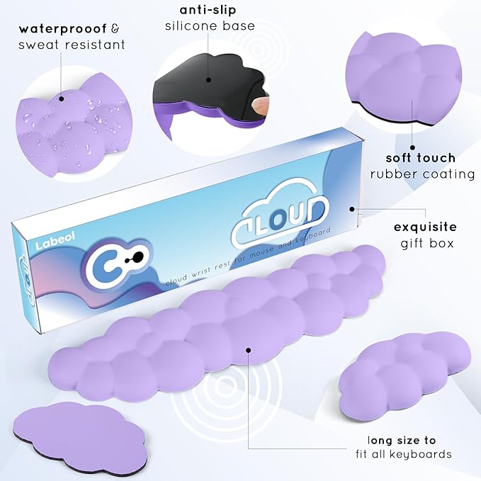 Cloud Wrist Rest for Computer Keyboard Arm Wrist Rest with Non-Slip Base Extended Wrist Rest Ergonomic Memory Foam for Keyboard and Mouse Typing Pain Relief, Office, Gaming, Computer