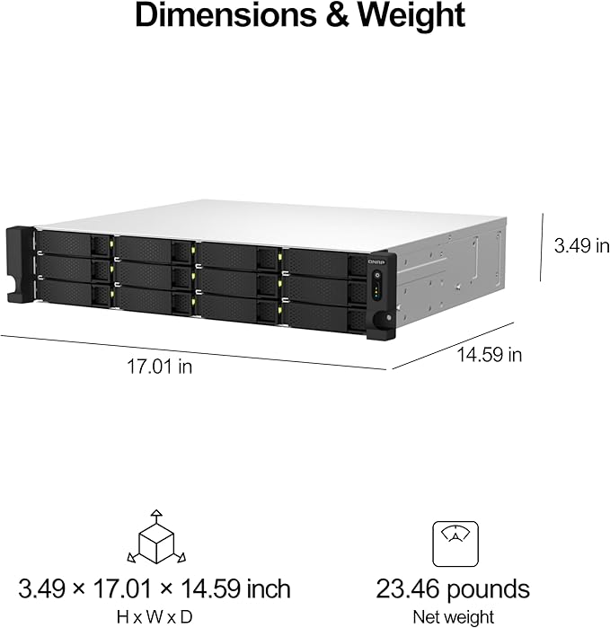 QNAP TS-1264U-RP-8G-US 12 Bay High-Speed Rackmount NAS Intel® Celeron® N5105/N5095 4-Core CPU, 8GB DDR4 Memory and 2.5GbE (2.5G/1G/100M) Network Connectivity (Diskless)