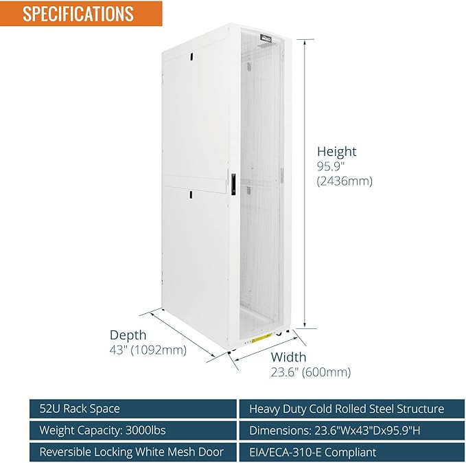 Tecmojo 52U Server Rack Cabinet - PRE-Assembled 24inch Width 43inch Depth IT Network Equipment Cabinet Rack Enclosure with Casters - 3000lbs Weight Capacity(06White)