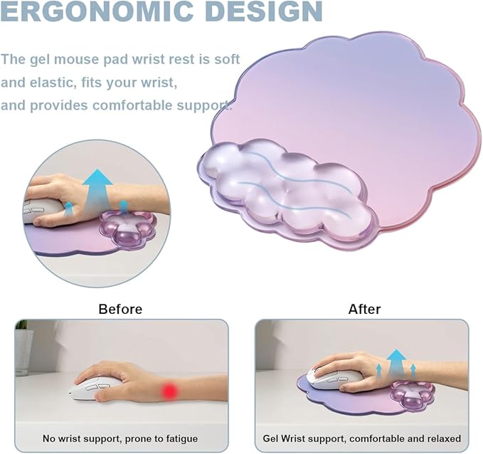 Gel Wrist Rest with Mouse Pad Wrist Support for Keyboard and Mouse - Ergonomic Gradient Purple Pink Cloud Mouse Pad Office Accessories for Computer/Laptop/Gaming/Home/Office/Typing Pain Relief
