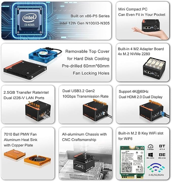 Mini PC i3-N305 4-Bay NAS Server Pocket Host DDR5 4 M.2 NVMe, DDR5 4800 MHz,Dual 2.5GbE LAN,2 USB 3.2 10Gbps Ports Micro Firewall Router (Black, NO RAM NO SSD)