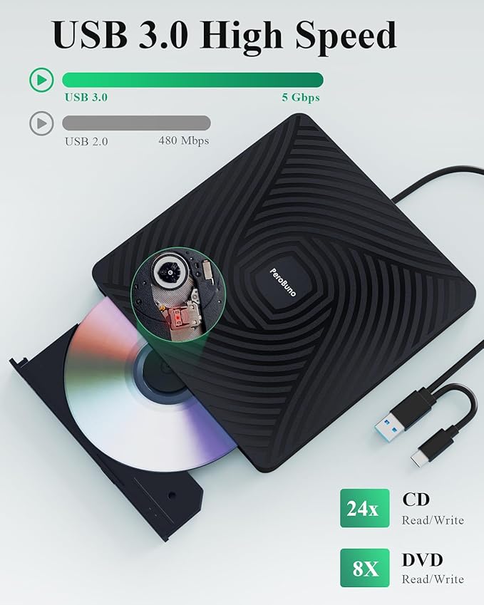 PeroBuno External CD DVD Drive, USB 3.0 Type-C Optical Drive, 0.5-inch Ultra-Slim Portable DVD CD ROM Disc Player Reader Writer Rewriter Burner Recorder for Laptop PC MacBook Windows Linux Mac OS