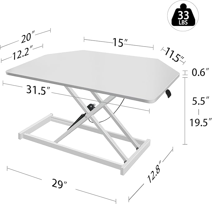 Aconcept 32 inch White Corner Height Adjustable Standing Desk Converter, One-Click Sit to Stand up Desk Riser, Pre-Assembled Dual Monitor and Laptop Workstation