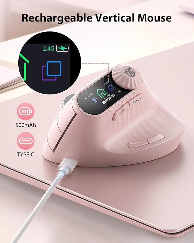 Transformers Vertical Ergonomic Mouse with LED Screen & Knob Control, Rechargeable Vertical Mouse Wireless, 3-Device Connectivity (2.4G + Dual Bluetooth), Computer Mice for PC/Mac/Laptop, Pink