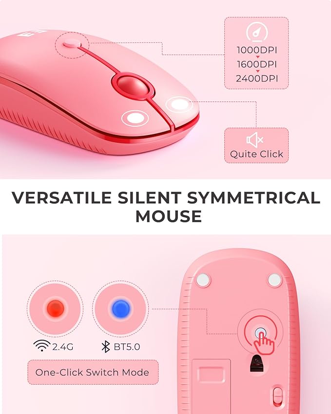 seenda Bluetooth Keyboard and Mouse for iPad, CTU-301 Wireless Multi-Device Connection Bluetooth+2.4G Keyboard Mouse Combo with Tablet Holder for iPad/MacBook/Windows, iOS/Andriod/Phone, Coral Pink
