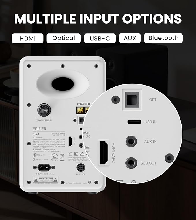 Edifier M90 Computer Speakers, 100W RMS Desktop Speakers, Hi-Res Audio, LDAC,Bluetooth 6.0 Compact Speaker, HDMI eARC/Optical/USB-C/AUX Input, SUB Out Powered Speakers, Remote Control for TV/PC-White