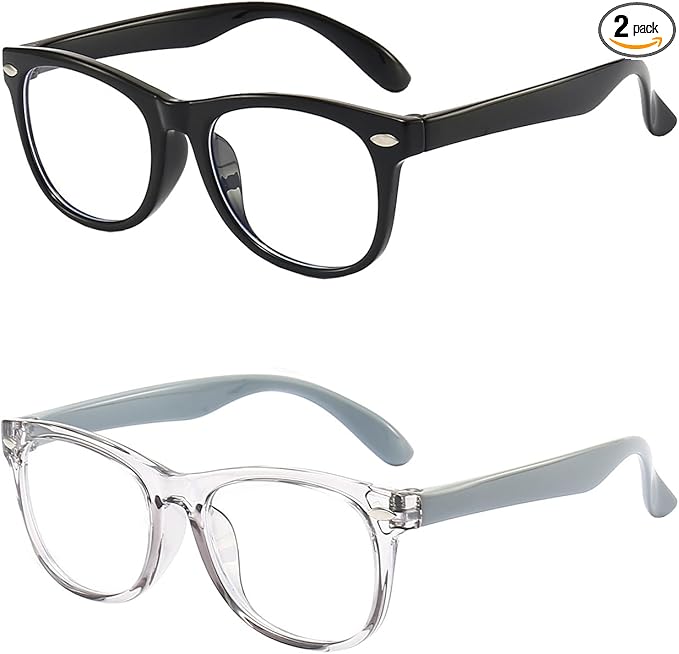 2 Pack kids Blue Light Blocking Glasses For Girls And Boys Computer Blue Light Blocking Glasses For Age 3-11 (Black + Light gray)