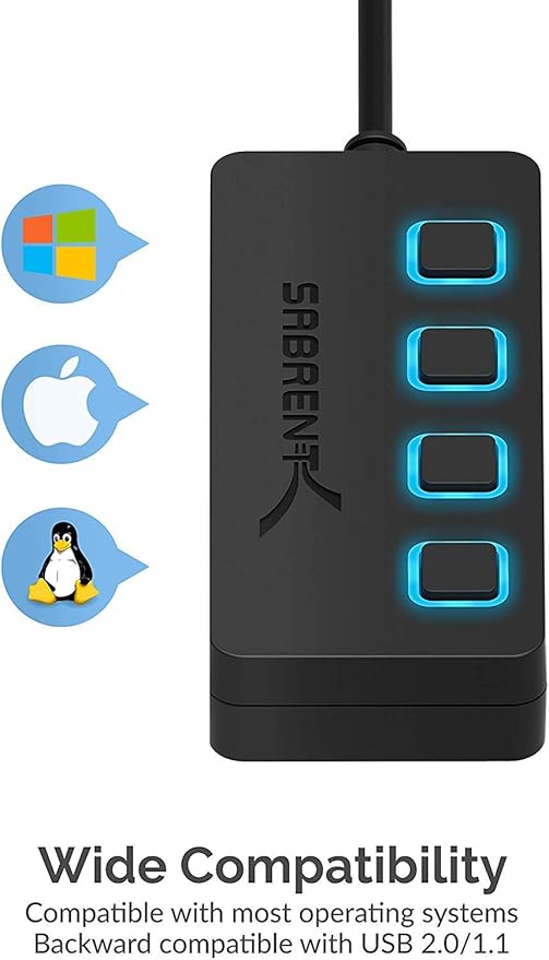 SABRENT 4 Port USB 2.0 Data Hub with Individual LED lit Power Switches [Charging NOT Supported] for Mac & PC (HB-UMLS)
