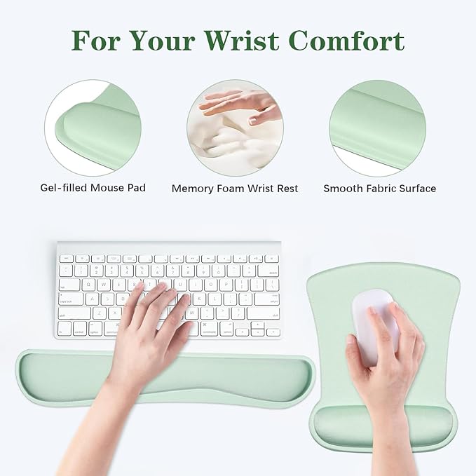 Ergonomic Wrist Rest Support for Mouse Pad&Keyboard Set, Comfortable Memory Foam Keyboard Pad and Soft Gel Mouse Pad, Easy Typing and Pain Relief for Gaming, Office, Laptop, Green