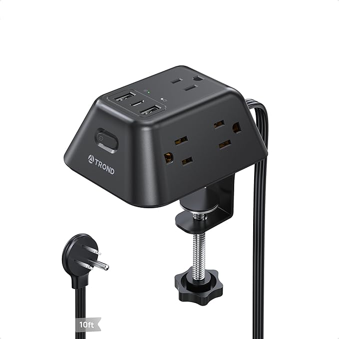 Desk Clamp Power Strip, Surge Protector with 5 AC Outlets and 3 USB Ports, Desk Mount Charging Station, Fit 1.97in Tabletop Edge Thick, Extension Cord 10FT for Home Office Gaming Accessories, Black