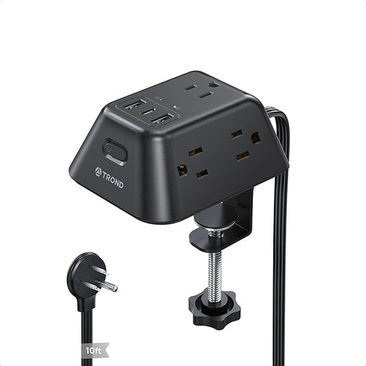 Desk Clamp Power Strip, Surge Protector with 5 AC Outlets and 3 USB Ports, Desk Mount Charging Station, Fit 1.97in Tabletop Edge Thick, Extension Cord 10FT for Home Office Gaming Accessories, Black