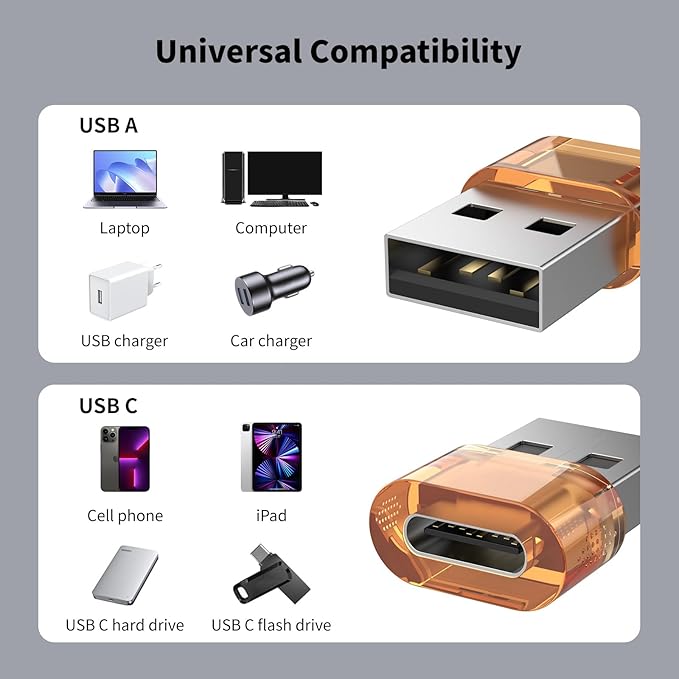 USB to USB-C Adapter 5 Pack, USB C Female to USB Male Power Charger Converter, USBC to A Adapter Compatible for Apple Watch Series/SE/Ultra 2 iPhone17/16/15 Plus Pro Max AirPods Pro（Orange）