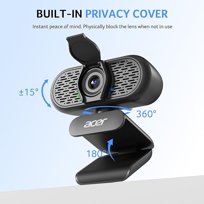 acer 1080p Webcam USB Plug and Play Webcam for PC with Noise Cancellation Microphones Computer Camera for Desktop Streaming Gaming Online Meeting Wide Angle Privacy Cover A-to-C Adapter Easy Setup