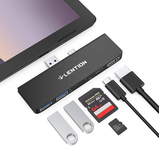 LENTION Surface Pro 7 USB C Hub Docking Station,6-in-1 Surface Pro 7 Hub,4K@60Hz USB C to HDMI Hub,SD&Micro SD Dual Card Reader Hub,2 USB 3.0 Hub,60W Type C Charging Port Hub(CS34,Black)