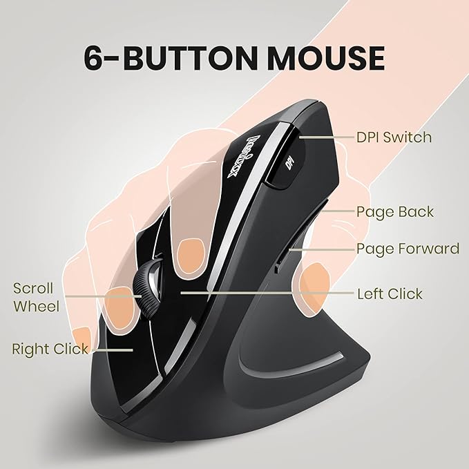 Perixx PERIMICE-713 Wireless Vertical Mouse - 6 Buttons Design - 3 Level DPI - Black - Right-Handed Design