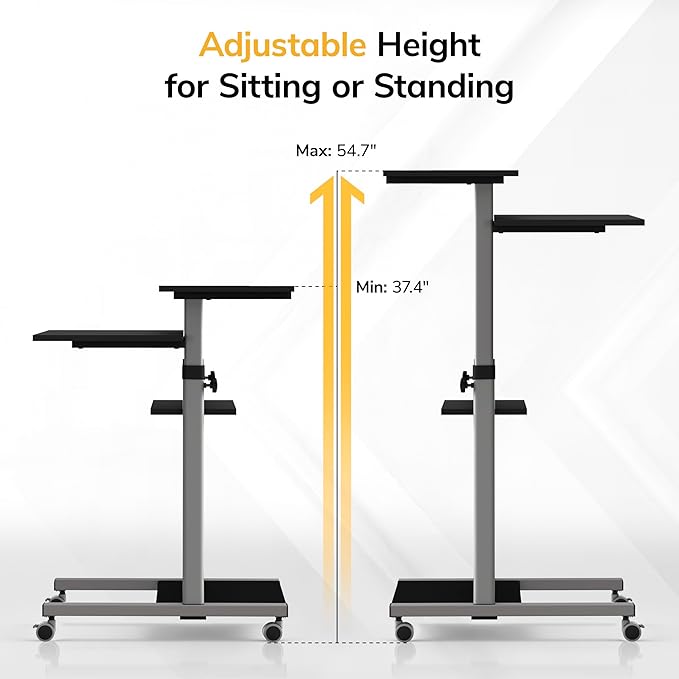 Mount-It! Rolling Desk Adjustable Height up to 54.7", Portable Standing Desk for Laptop or Podium Stand with Wheels, Mobile Roller Presentation Cart, Computer Work Station 27.5" Wide, Locking Wheels