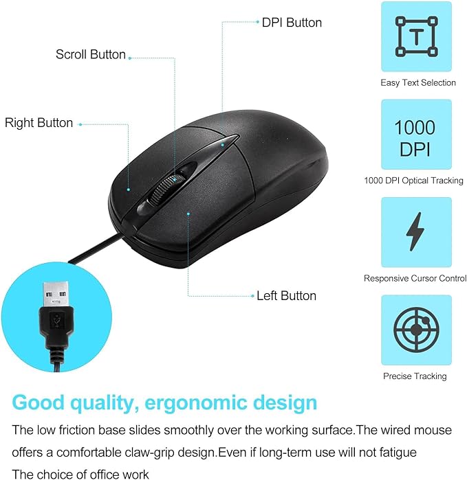 10 PCS Black Wired Computer Mouse Bulk USB 1000 DPI 3 Button Corded Mouse with Home Office Noiseless Simple USB Mouse for Computer Laptop Desktop PC