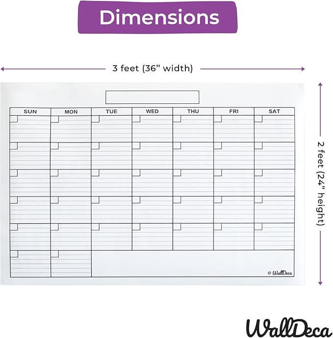 WallDeca Monthly Dry Erase Wall Calendar Planner Whiteboard: Wipe Off Erasable Calendar | Use in Classroom, Office, Home, Kitchen! (24 x 36 Inch)