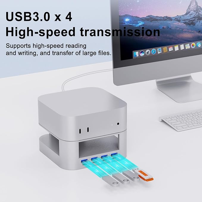 Mac mini M4 Docking Station for Mac mini M4 / M4 Pro, USB-C Hub with 4 USB-A High-Speed Data Ports, Aluminum Stand Dock with Cooling & Power Button Access (KM28-Pro)