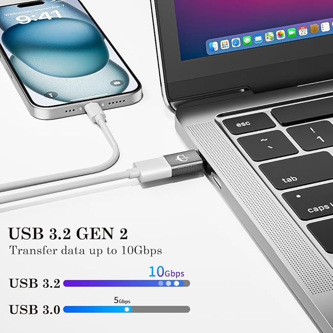 10Gbps USB C to USB Adapter (2 Pack), USB 3.2 Gen 2 Fit Side by Side, USB C Male to USB A Female Converter for iPhone 16 15 Series, iPad, MacBook and More Type C Devices