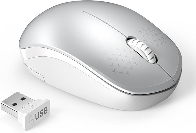 seenda Wireless Mouse for Laptop, 2.4G Noiseless Mouse with USB Receiver - Optical Tracking Portable Computer Mice for Chromebook, PC, Tablet, Windows System, 24 Months Battery Life (White & Silver)