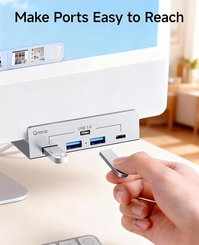 USB Hub 3.0, 5Gbps Clamp USB Hub for Desk/Monitors with Extra Power Supply Port, 3 USB-A Data Ports, USB-C Data Port for iMac Pro/iMac (Silver)