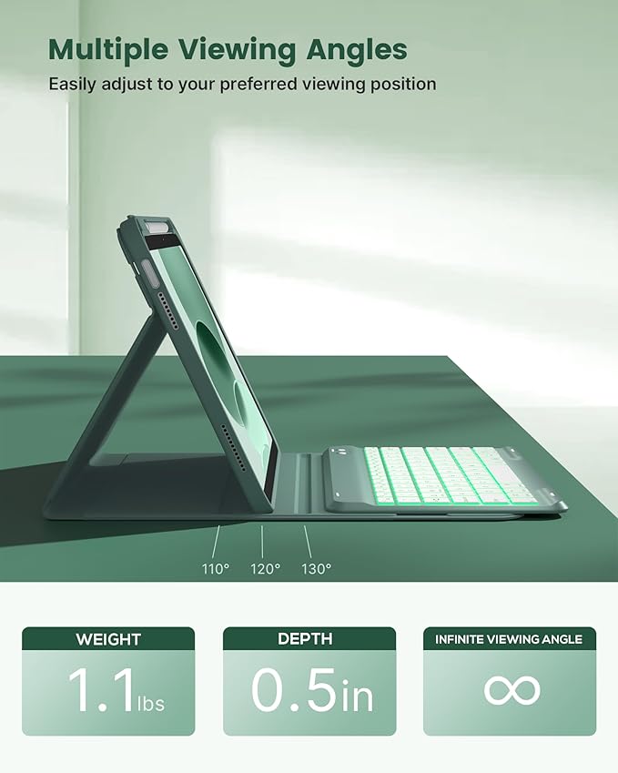 typecase Folio Keyboard Case for iPad 10th Gen 10.9 inch (2022) and iPad 11th (A16, 2025), Magnetic Wireless Detachable Keyboard, 7-Color Backlight, Thin & Light, Pencil Holder – Midnight Green