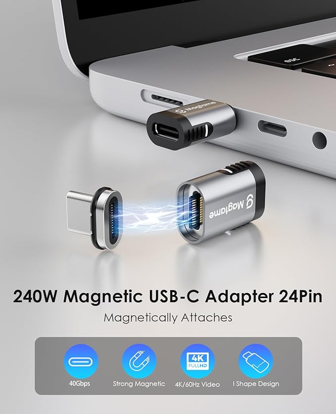 Magtame 24Pin Magnetic USB C Male to USB C Female Adapter, 240W Type C Adapter Extender, 40Gbps Data Transfer 4K Video Output for Steam Deck, ROG Ally, Switch, Notebook, PC, Tablet, iPhone 15 16