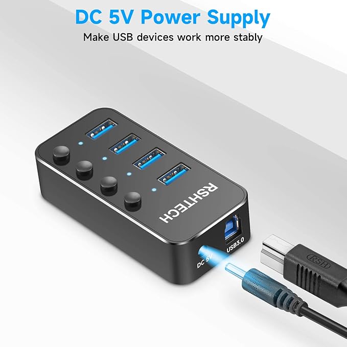 RSHTECH 4 Port Powered USB 3.0/USB C Hub Upgraded Version with 2-in-1 3.3ft USB Cable,5V Power Adapter and Individual Switches, Portable Aluminum USB Splitter for Laptop and PC, RSH-ST04 (Pack of 2)