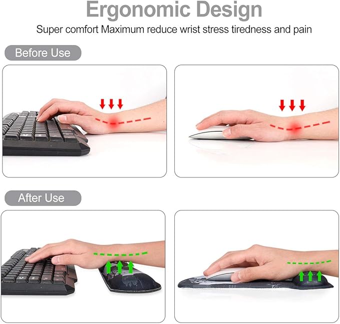 ToLuLu Keyboard Wrist Rest Pad Ergonomic Mouse Pad Set, Mouse Pad for Computer Laptop, Non Slip Mousepad Keyboard Wrist Support with Raised Memory Foam for Easy Typing Pain Relief, Cool World Map