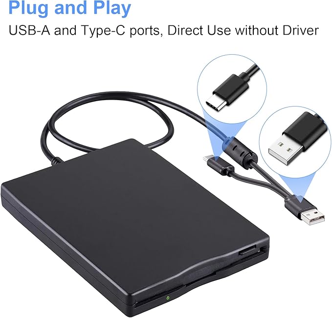 Tendak Floppy Disk Reader, 3.5 inch External USB & Type-C 1.44MB FDD Floppy Disk Drive for Windows 11/10/8/7/2000/XP, Vista, PC, Laptop and Desktop, Plug and Play, Black