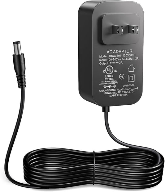 llano V10 / V12 / V12 Ultra / V13 Laptop Cooling Pad Power Adapter – 12V/3A 36W with 6.6ft AC/DC Charger Cord, TypeA-2pin, Universal 100–240V Input, 5.5×2.1mm DC Port, Black
