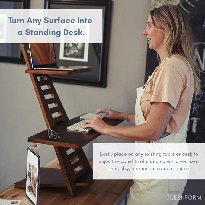 Sleekform Standing Desk Converter - Adjustable Height Sit to Stand Up Desk Riser, Workstation for Office or Home, Tabletop Wood Portable - Walnut