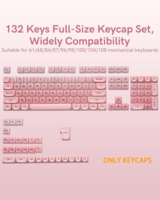 132 Keys PBT Keycaps, Jelly Keycaps Cute Custom Creamy Key caps MOA Profile for 61/68/84/87/98/100 Cherry Gateron MX Mechanical Keyboards, Pink