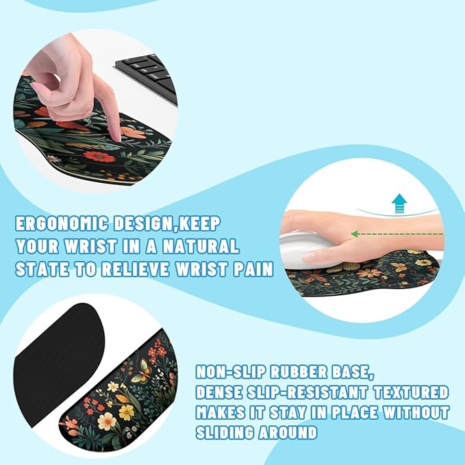 Butterfly Mouse Pad Set Colorful Floral Garden Fantasy Gaming Mousepad 4in1 Desk Mat for Desktop Anti-Slip XXL Big Computer Ergonomic Mousepad with Wrist Support for Keyboard and Mouse