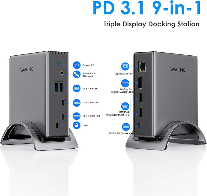 Laptop Docking Station,WAVLINK PD3.1 Docking Station 3 Monitors with 2*HDMI + DP,Single 4K@144Hz,140W PD Charge,USB-C 10Gb,USB-A 5Gb,Gigabit Ethernet,Audio/Mic for Windows System Computer