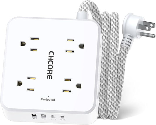 5Ft Flat Plug Braided Extension Cord - CHCORE Surge Protector Power Strip with 8 Outlets and 2 USB-C (PD 30W) Fast Charging Ports and 2 USB-A Ports for Home, Office, Dorm Room Essentials, ETL, White