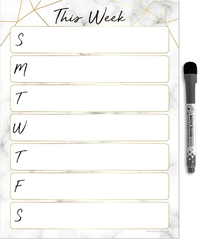Dry Erase Weekly Calendar Planner Sticker Decal | Removable & Reusable | Magnetic Fine-Tip Marker Included (9 x 12 inches, Marble)