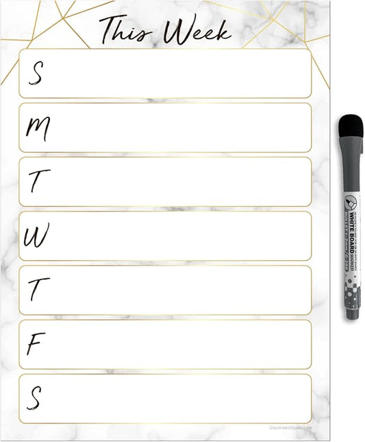 Dry Erase Weekly Calendar Planner Sticker Decal | Removable & Reusable | Magnetic Fine-Tip Marker Included (9 x 12 inches, Marble)
