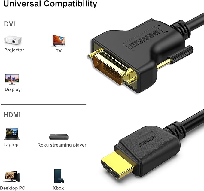 BENFEI HDMI to DVI, 2 Pack HDMI to DVI Cable Bi Directional DVI-D 24+1 Male to HDMI Male High Speed Adapter Cable Support 1080P Full HD Compatible for Raspberry Pi, Roku, Xbox One, PS4 PS3