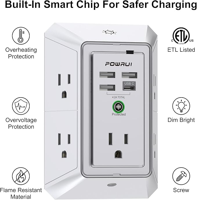3-Sided Outlet Extender with Night Light - POWRUI Multi Plug Outlet with 5 Outlets and 4 USB Ports(1 USB-C), USB Wall Charger for Home, Office, Travel, ETL Listed, White