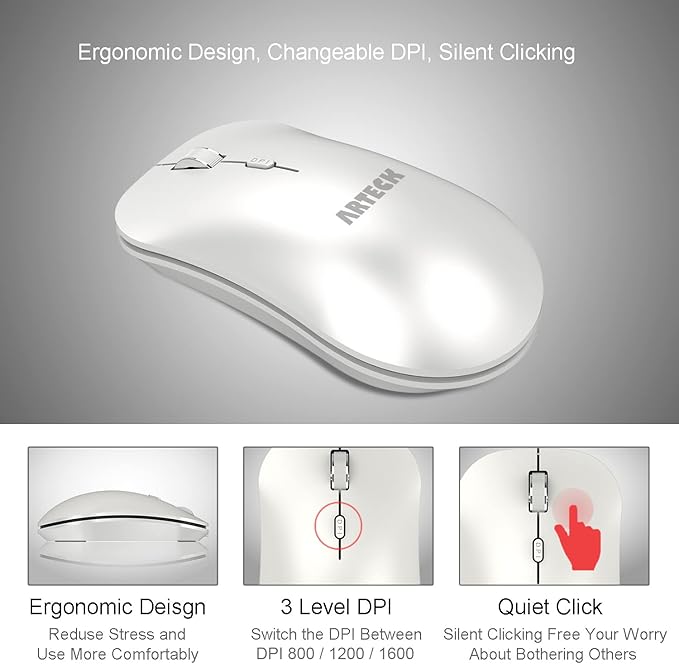 Arteck 2.4G Wireless Mouse with Nano USB Receiver Ergonomic Design Silent Clicking for Computer/Desktop/PC/Laptop and Windows 10/8/7 Build in Rechargeable Battery - White