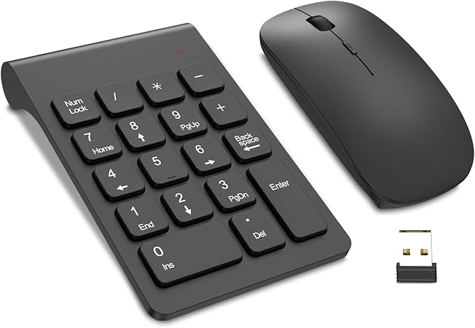 TRELC Wireless Numeric Keypad, Mini 2.4G 18 Keys Number Pad, Portable Silent Financial Accounting Numeric Keypad Keyboard Extensions with Wireless Mouse for Laptop, PC, Desktop, Notebook(Black)