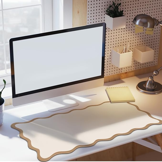Scalloped Desk Mat Large Scalloped Piping Cute Desk Mat Aesthetic Preppy Table Pad Large Nonslip Pad with Edge Stitching Waterproof Gaming(Beige,31.5 x 15.75 Inches)