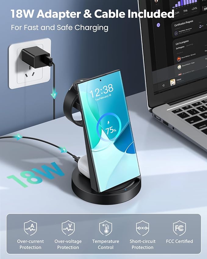 Wireless Charger for Samsung: 3 in 1 Wireless Charging Station for Samsung Galaxy Watch 8 7 6 5 4 3 Pro Classic Galaxy Buds - Charger Dock Stand for S26 S25 S24 Ultra S23 S22 S21 Note Z Fold Android